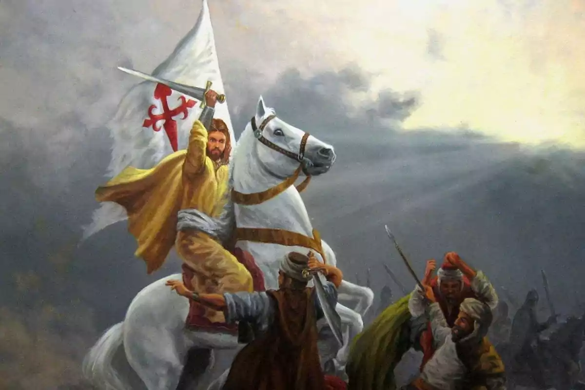 Un caballero medieval con capa dorada monta un caballo blanco y sostiene una espada y una bandera blanca con una cruz roja mientras enfrenta a varios guerreros en una batalla bajo un cielo nublado. Un caballero medieval con capa dorada monta un caballo blanco y sostiene una espada y una bandera blanca con una cruz roja mientras enfrenta a varios guerreros en una batalla bajo un cielo nublado.