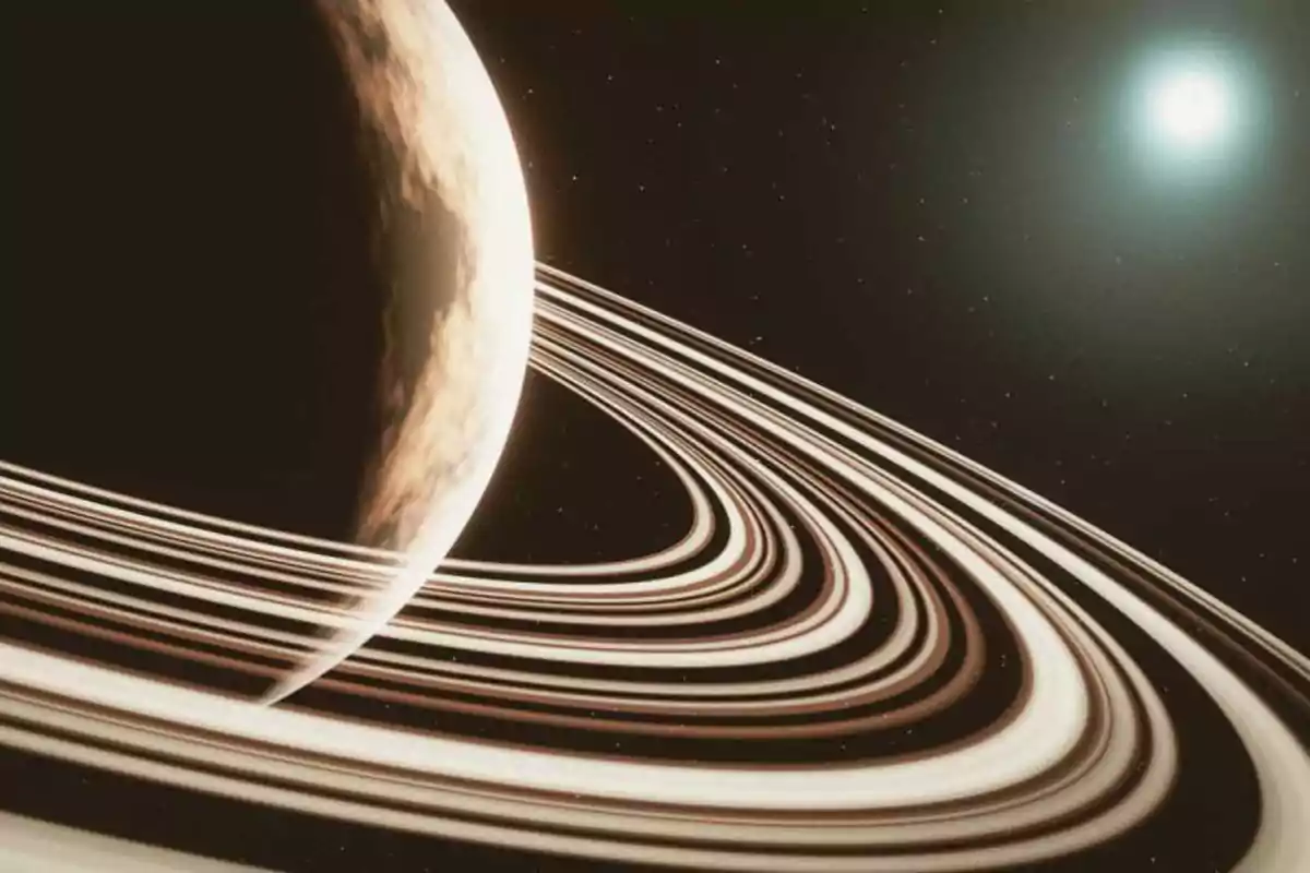 Planeta con anillos brillantes en el espacio y una estrella al fondo Planeta con anillos brillantes en el espacio y una estrella al fondo