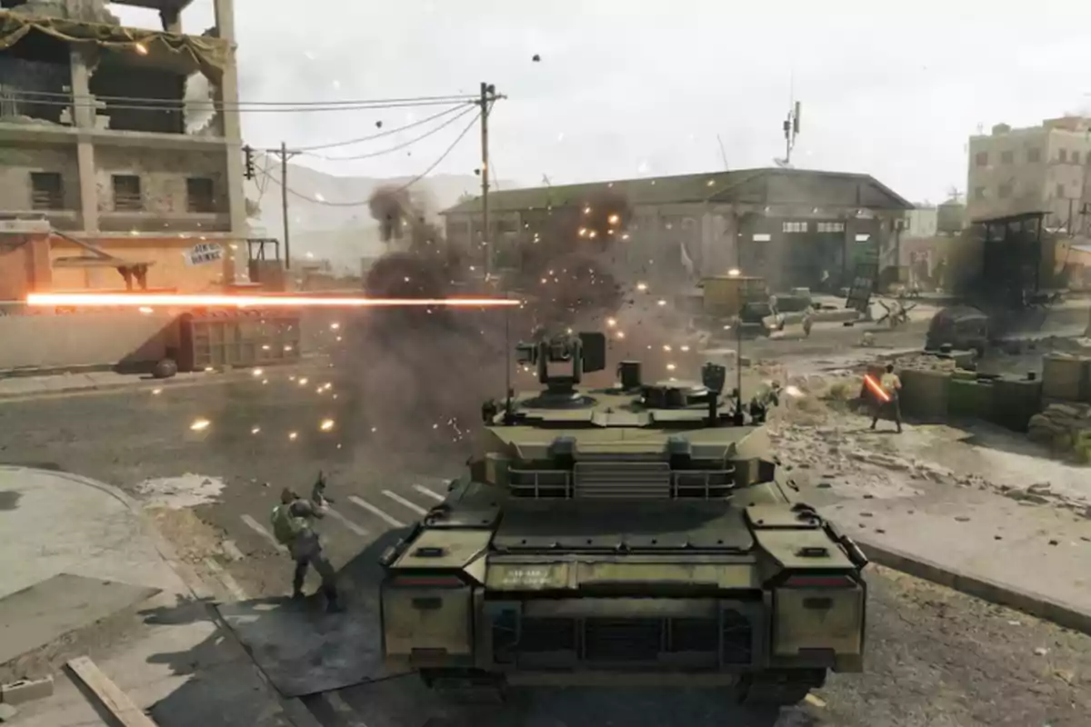 Tanque militar avanzando por una ciudad en ruinas mientras se desarrolla un intenso tiroteo con explosiones y soldados en combate