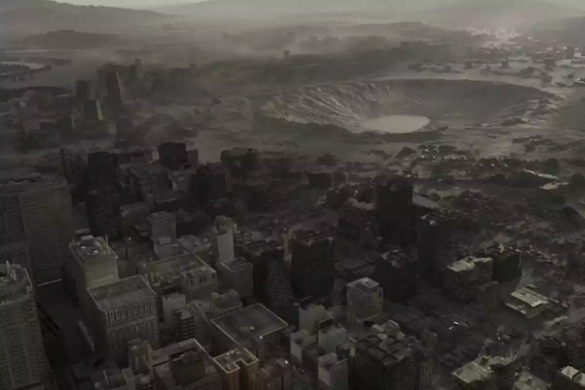 Aerial view of a destroyed city with a huge crater in the center and ruined buildings under a gray, cloudy sky Aerial view of a destroyed city with a huge crater in the center and ruined buildings under a gray, cloudy sky