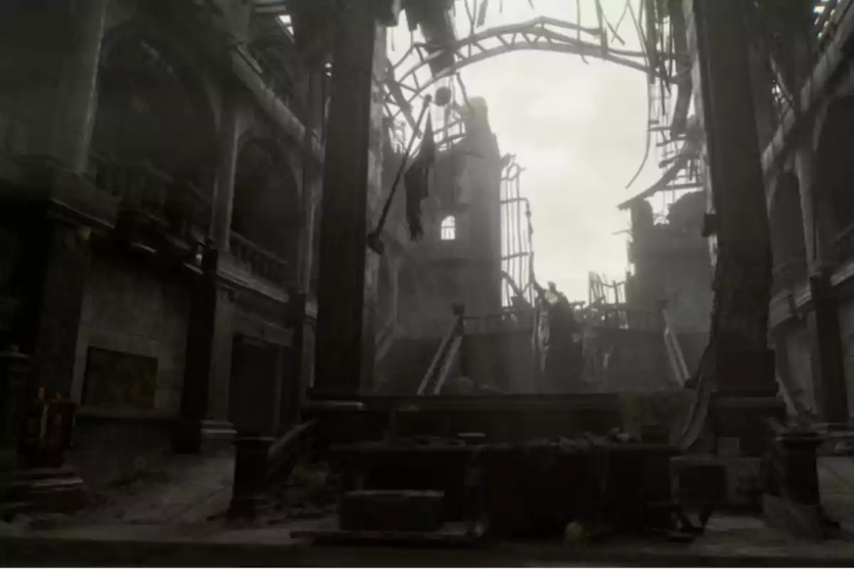 Ruins of an ancient building with partially destroyed arches and columns in a dark and desolate setting Ruins of an ancient building with partially destroyed arches and columns in a dark and desolate setting