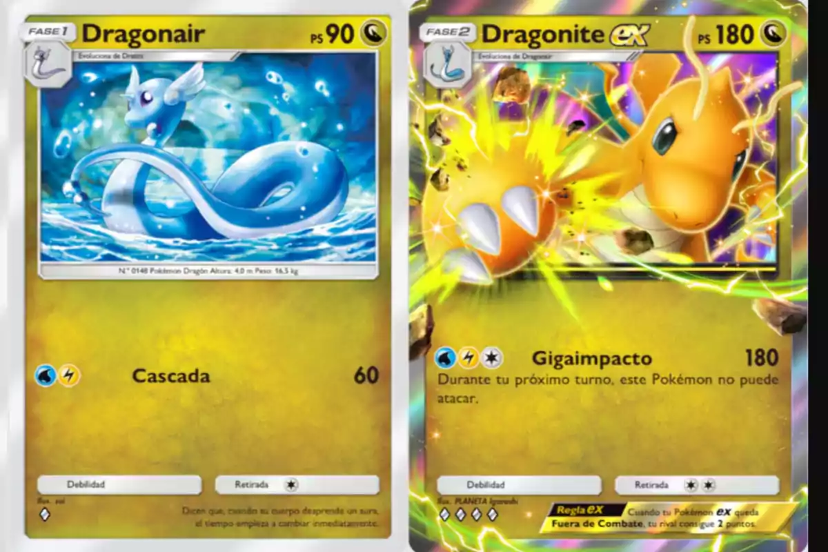 Two Pokémon cards, one of Dragonair with a blue background and another of Dragonite EX with a bright yellow background and electric rays Two Pokémon cards, one of Dragonair with a blue background and another of Dragonite EX with a bright yellow background and electric rays