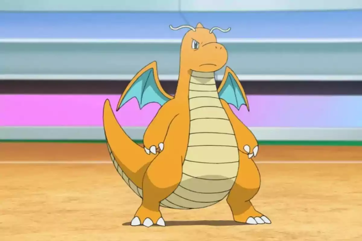 Orange dragon with blue wings standing on a Pokémon battlefield Orange dragon with blue wings standing on a Pokémon battlefield