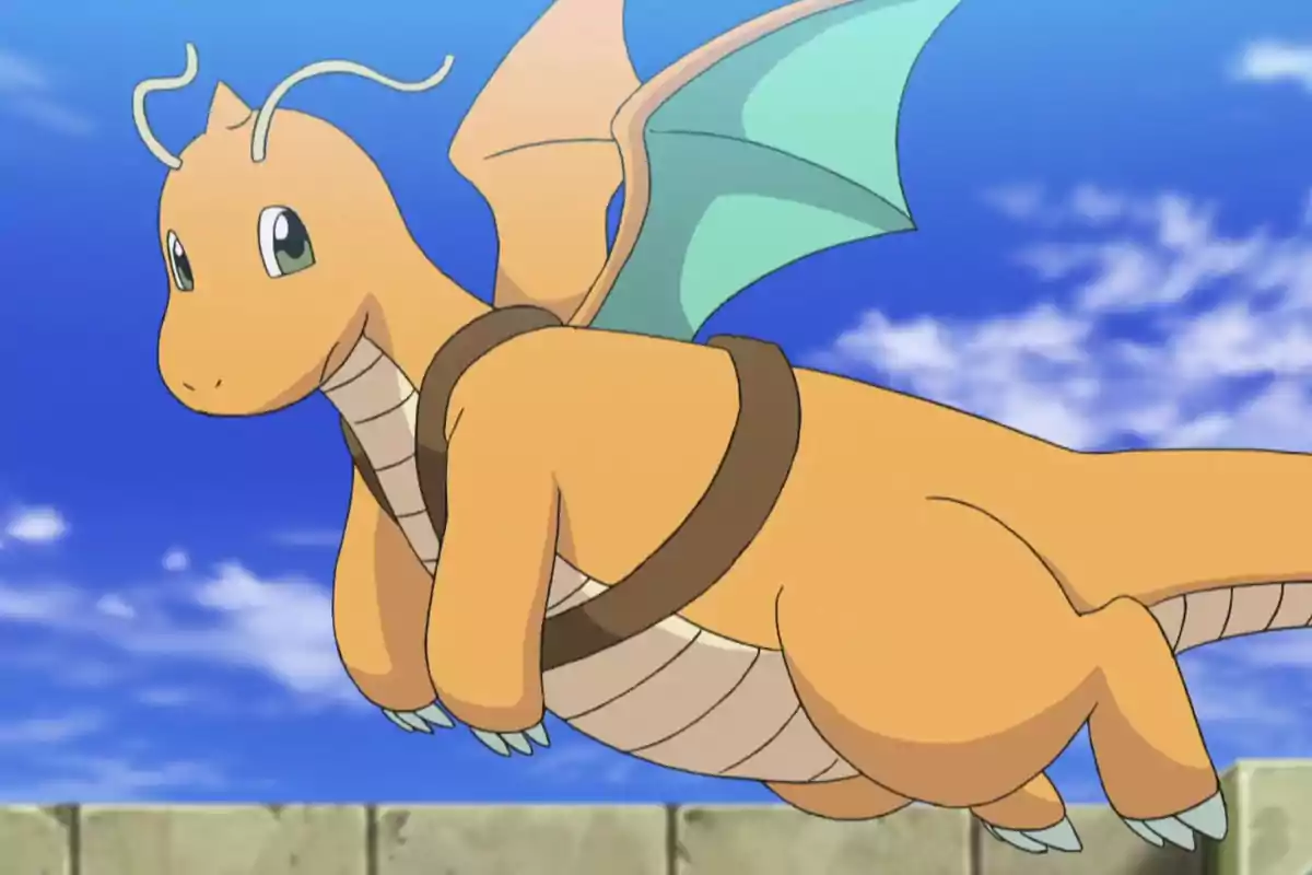 An orange animated dragon with green wings flying in the blue sky