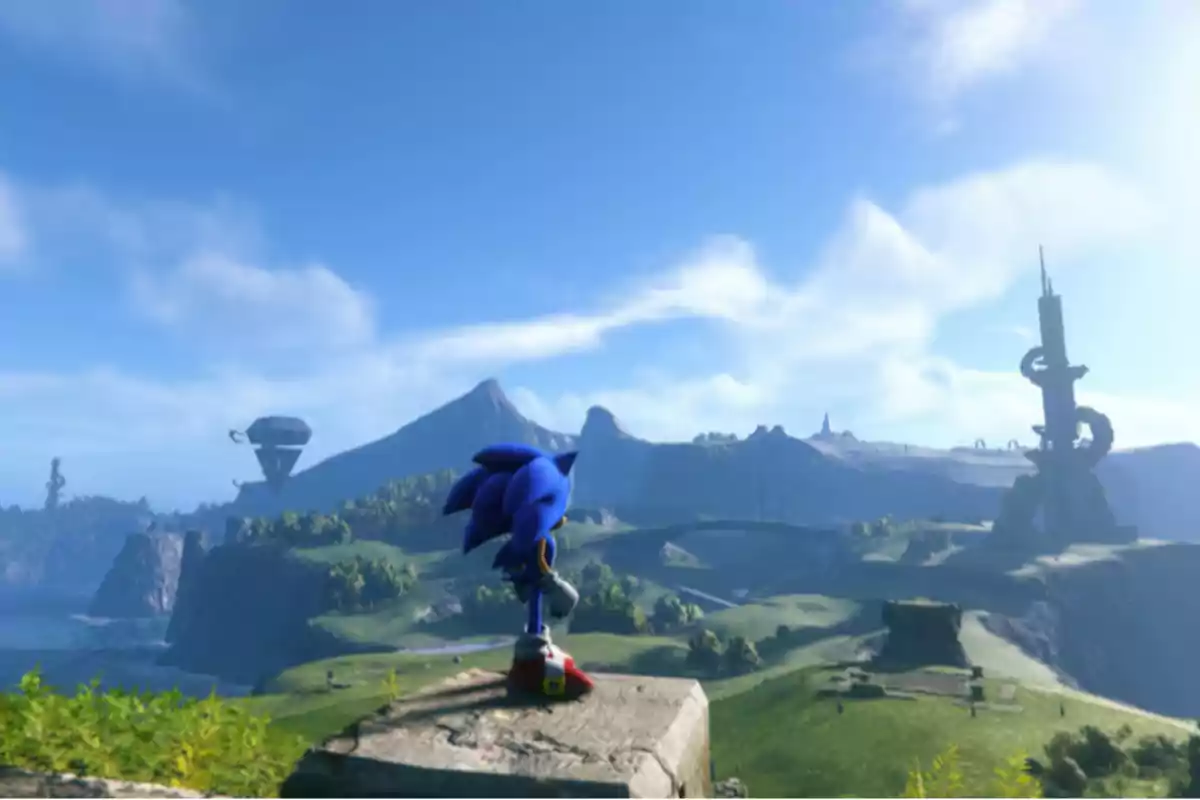 Sonic observes a green landscape with mountains and futuristic structures under a clear blue sky. Sonic observes a green landscape with mountains and futuristic structures under a clear blue sky.