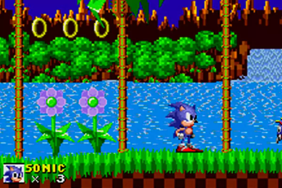 Sonic the blue hedgehog runs through a colorful level with golden rings, purple flowers, and a river in the background. Sonic the blue hedgehog runs through a colorful level with golden rings, purple flowers, and a river in the background.