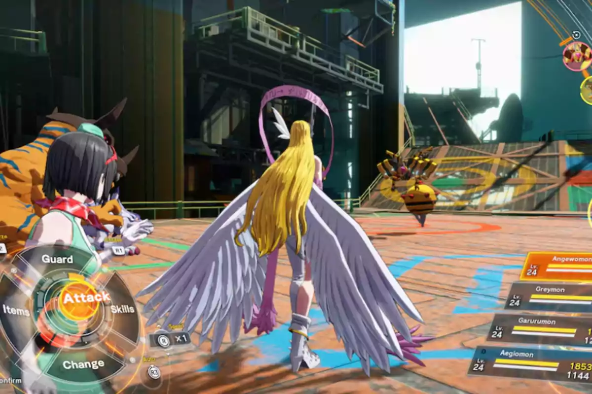 Personajes de un videojuego de Digimon en medio de una batalla por turnos en un entorno industrial con menús de combate visibles en pantalla Personajes de un videojuego de Digimon en medio de una batalla por turnos en un entorno industrial con menús de combate visibles en pantalla