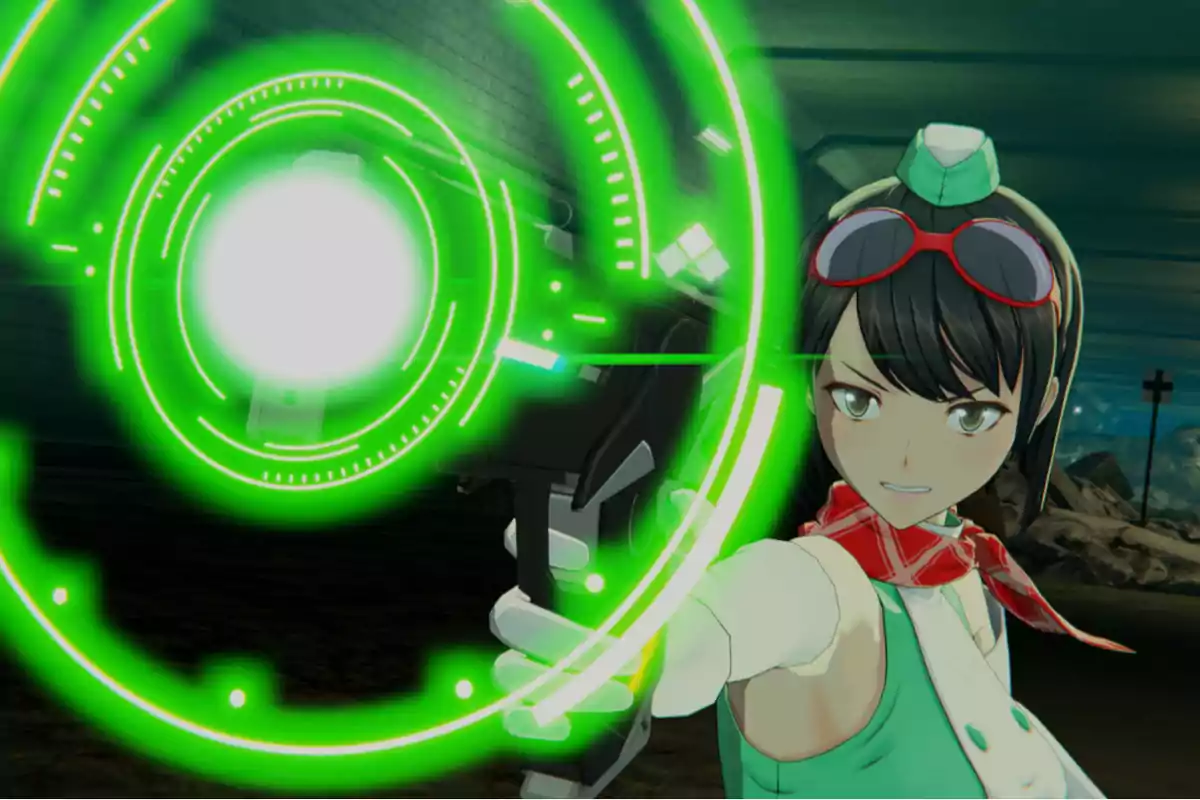 Chica de anime con gafas rojas en la cabeza y pañuelo rojo usando un arma futurista que emite un resplandor verde circular Chica de anime con gafas rojas en la cabeza y pañuelo rojo usando un arma futurista que emite un resplandor verde circular
