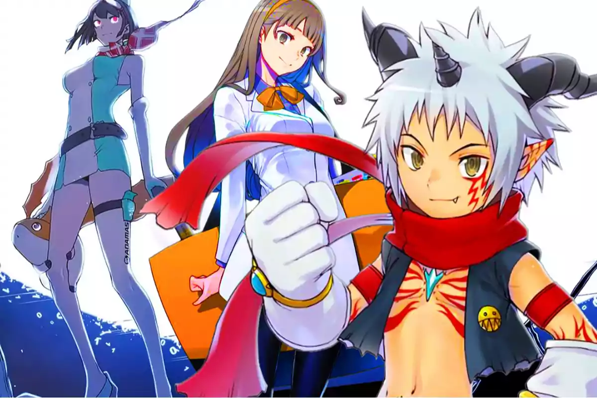Tres personajes de anime con estilos y vestimentas diferentes posan juntos sobre un fondo blanco
