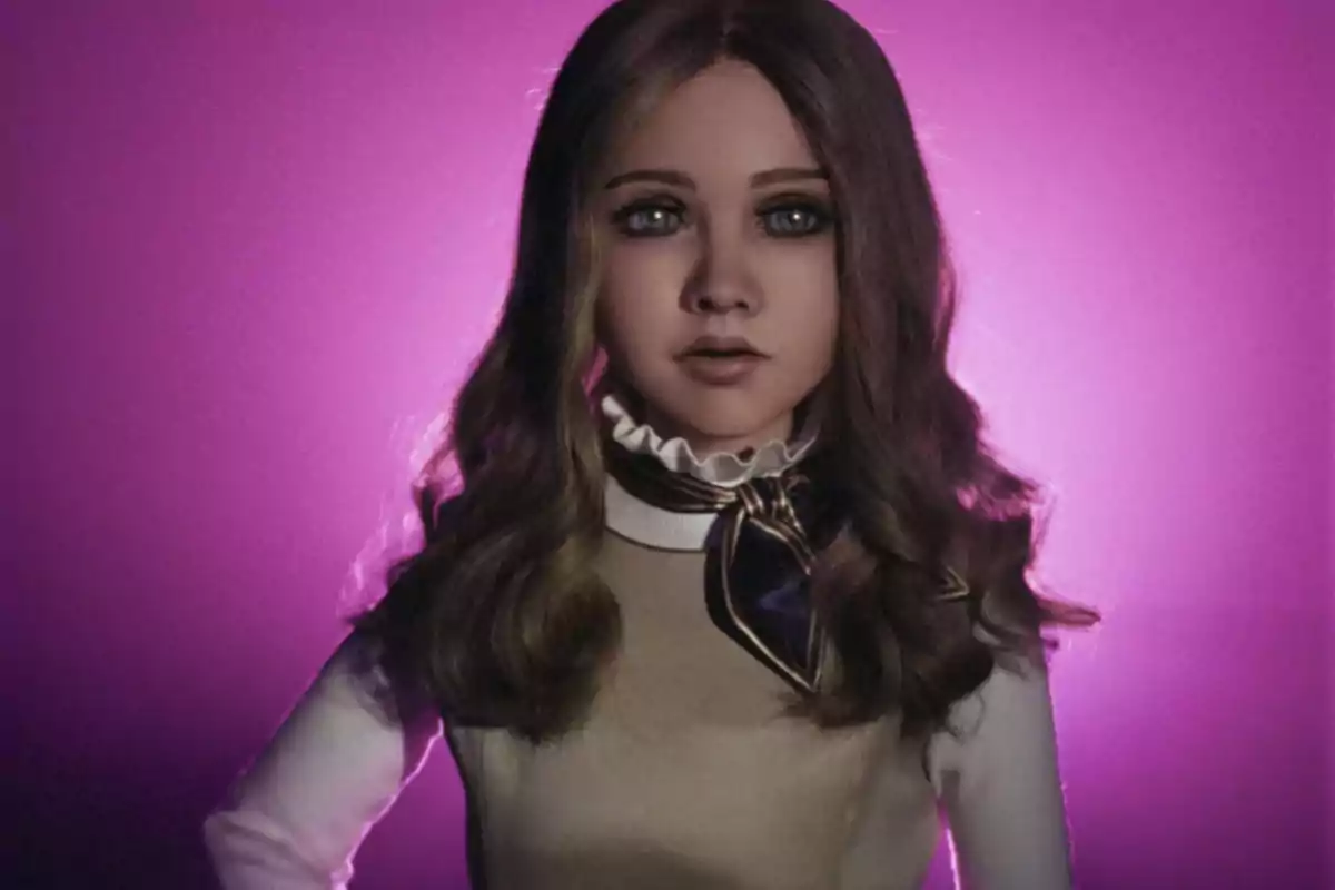Long, wavy-haired android doll with a lit purple background Long, wavy-haired android doll with a lit purple background