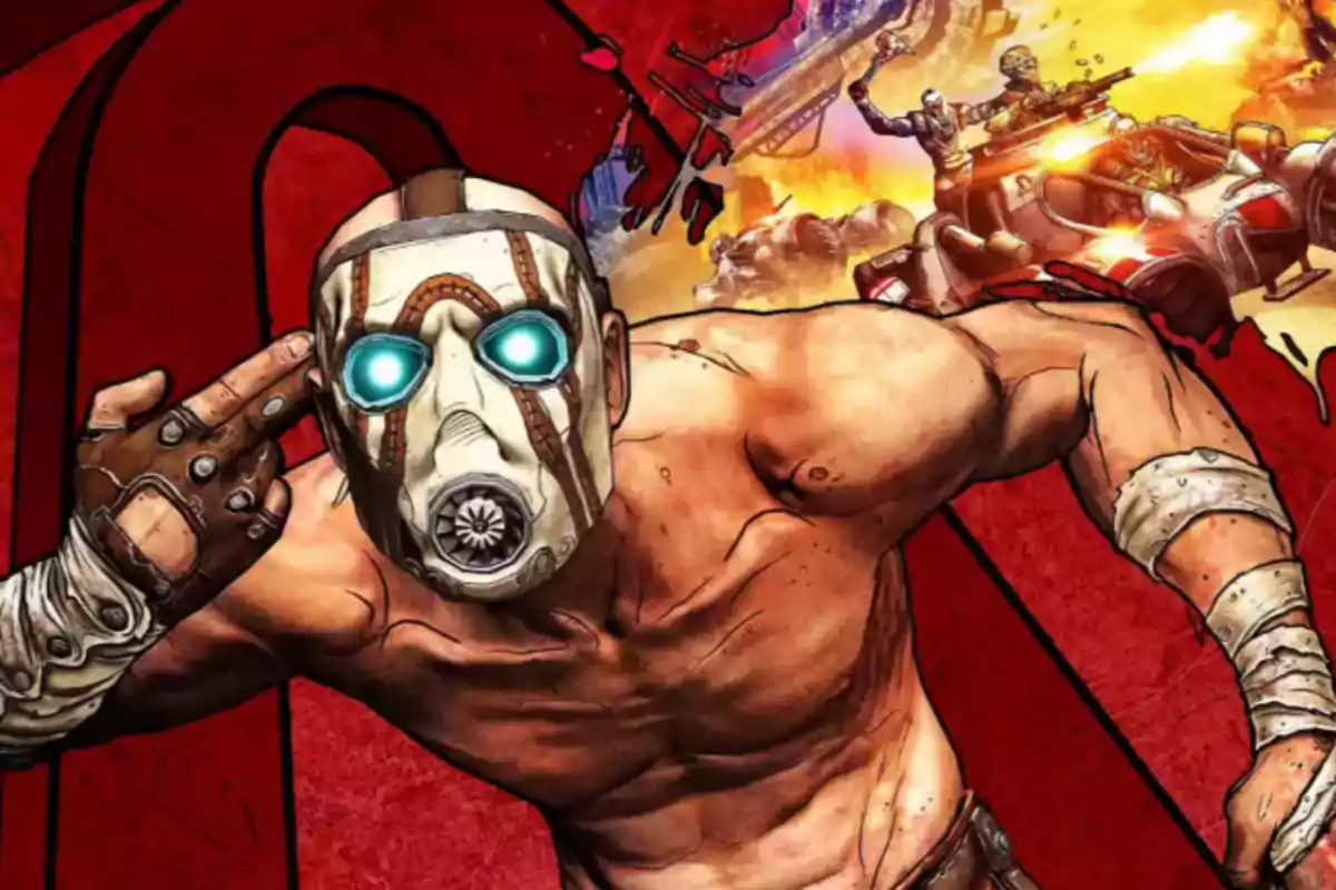 Muscular man with a mask and glowing eyes making a hand gesture on his head against a red background with vehicles and explosions in the distance Muscular man with a mask and glowing eyes making a hand gesture on his head against a red background with vehicles and explosions in the distance