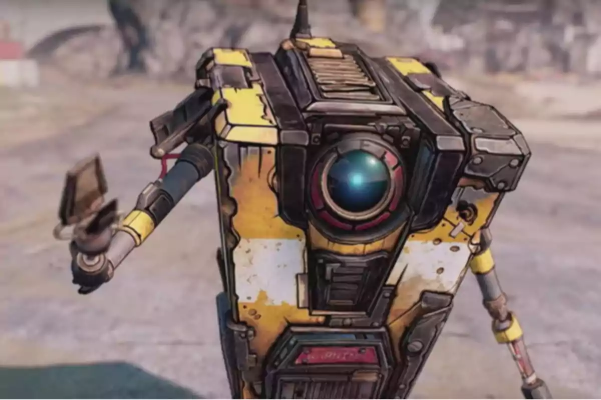 Yellow robot with worn details and a single blue eye in the center of its body, extending one of its hands in a desert environment