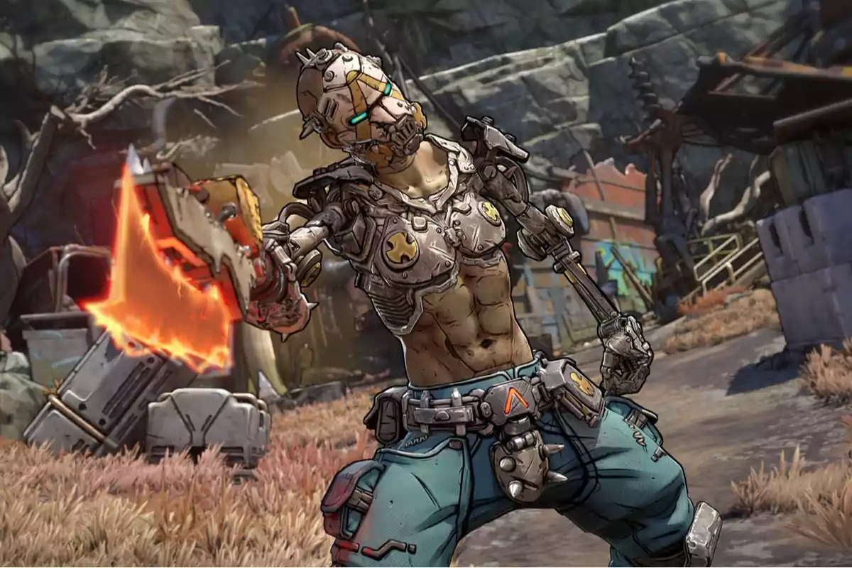 Video game character with a metal mask and glowing eyes holding an axe with a burning blade in a post-apocalyptic setting Video game character with a metal mask and glowing eyes holding an axe with a burning blade in a post-apocalyptic setting