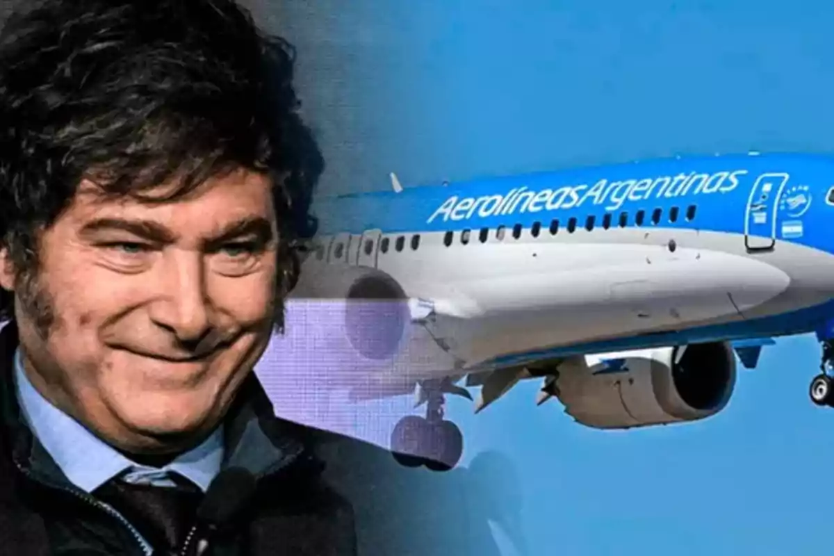 A smiling man in the foreground and an Aerolíneas Argentinas plane flying in the background against a blue sky A smiling man in the foreground and an Aerolíneas Argentinas plane flying in the background against a blue sky