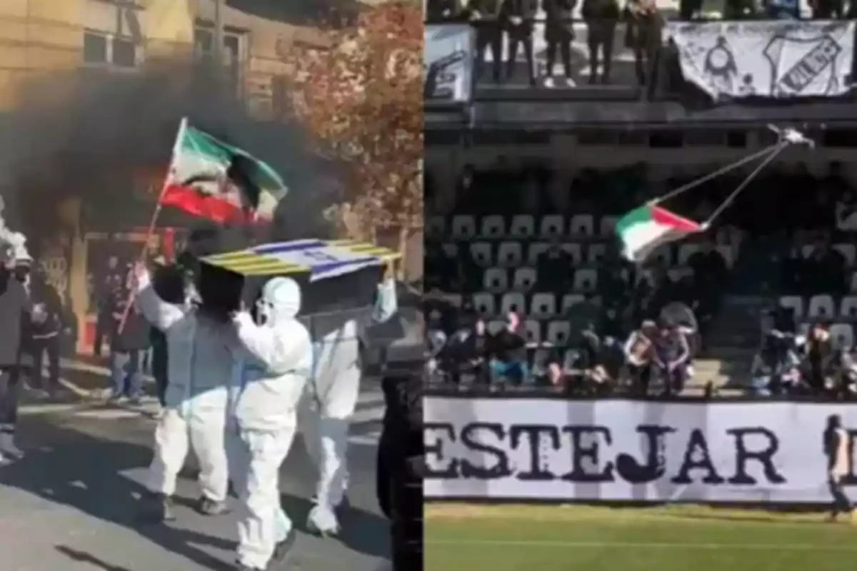 Personas vestidas con trajes blancos cargan un ataúd negro con una bandera, mientras una bandera ondea en un estadio con público en las gradas. Personas vestidas con trajes blancos cargan un ataúd negro con una bandera, mientras una bandera ondea en un estadio con público en las gradas.