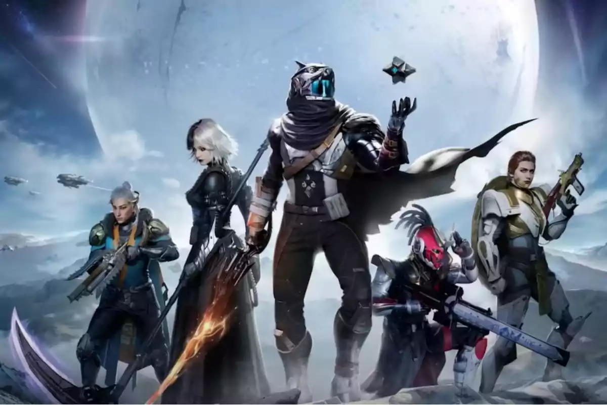 Five futuristic characters armed with combat suits pose in an icy landscape with a giant moon in the background and ships flying in the sky.