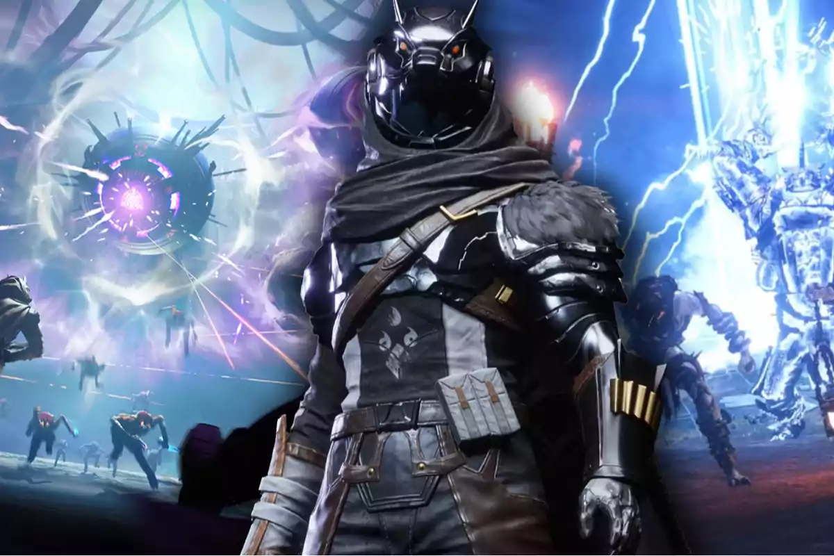 Futuristic warrior with black armor and a feline-looking helmet in a science fiction setting with blue lights and rays Futuristic warrior with black armor and a feline-looking helmet in a science fiction setting with blue lights and rays