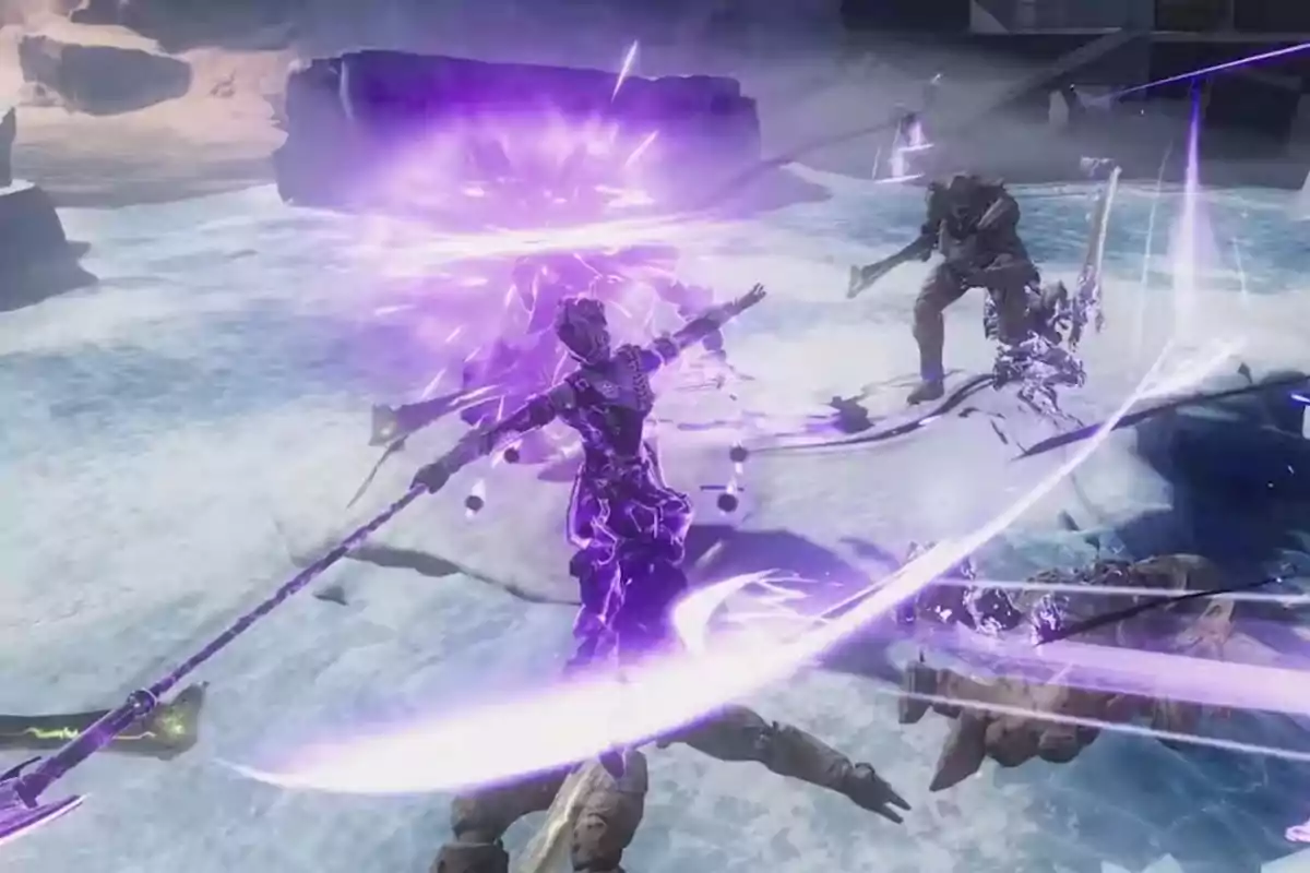 Futuristic character using purple energy powers in a battle on icy terrain against enemies Futuristic character using purple energy powers in a battle on icy terrain against enemies