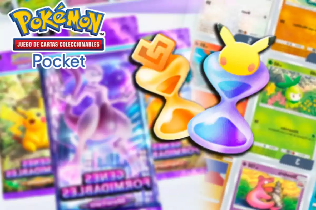 Imagen promocional de Pokémon Juego de Cartas Coleccionables Pocket con cartas y sobres de Pokémon desenfocados y dos relojes de arena en el centro Imagen promocional de Pokémon Juego de Cartas Coleccionables Pocket con cartas y sobres de Pokémon desenfocados y dos relojes de arena en el centro