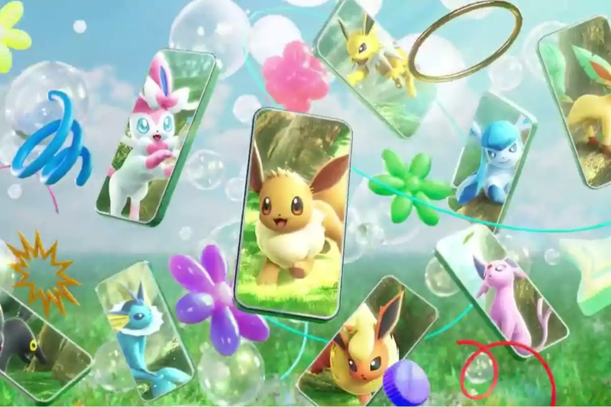 Varios Pokémon de la familia de Eevee aparecen en tarjetas flotando entre burbujas y figuras de globos en un entorno colorido y alegre Varios Pokémon de la familia de Eevee aparecen en tarjetas flotando entre burbujas y figuras de globos en un entorno colorido y alegre