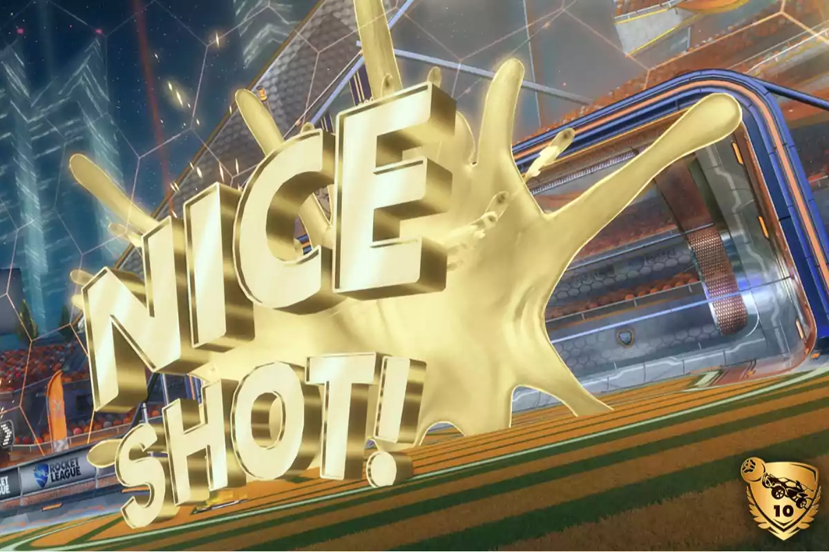 Texto dorado en 3D que dice NICE SHOT en un estadio del videojuego Rocket League con un fondo de explosión dorada y un emblema de aniversario en la esquina inferior derecha Texto dorado en 3D que dice NICE SHOT en un estadio del videojuego Rocket League con un fondo de explosión dorada y un emblema de aniversario en la esquina inferior derecha