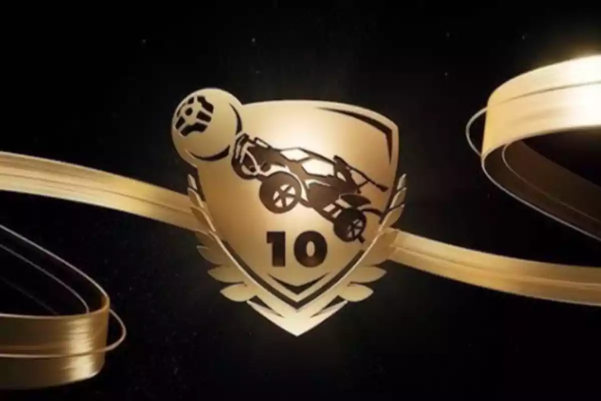 Golden shield with a car and a Rocket League ball and the number 10 in the center, surrounded by a golden ribbon on a dark background