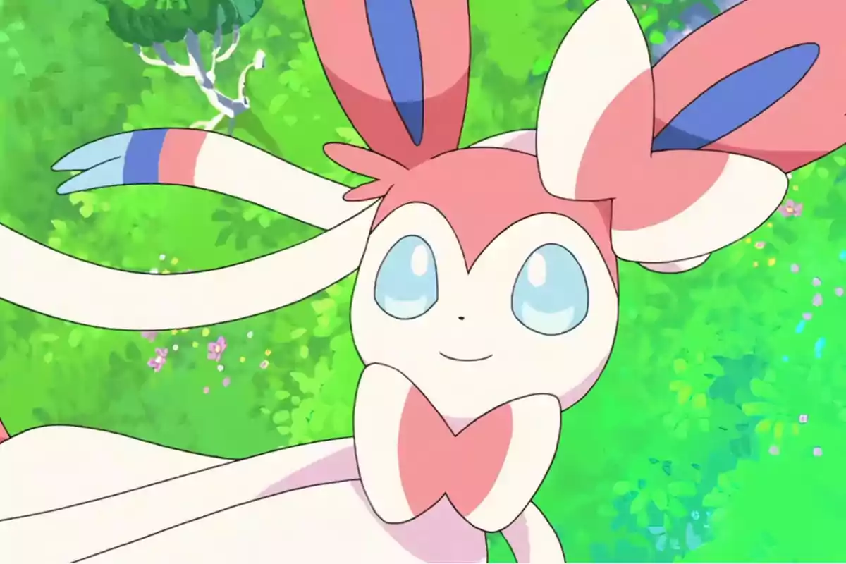 Un Pokémon de color rosa y blanco con lazos largos y orejas grandes sonríe mientras flota sobre un fondo verde lleno de vegetación y flores pequeñas Un Pokémon de color rosa y blanco con lazos largos y orejas grandes sonríe mientras flota sobre un fondo verde lleno de vegetación y flores pequeñas