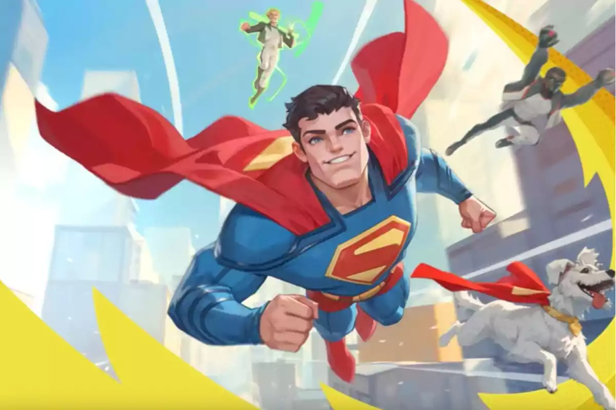 Superhéroe volando con capa roja acompañado de un perro y otros personajes en el cielo sobre una ciudad Superhéroe volando con capa roja acompañado de un perro y otros personajes en el cielo sobre una ciudad