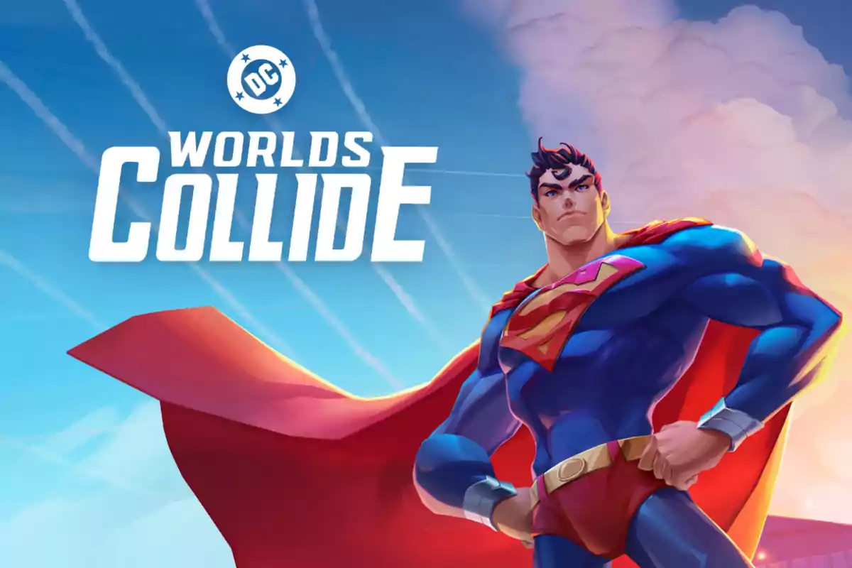 Superman con su traje clásico y capa roja aparece en una ilustración promocional del videojuego Worlds Collide de DC, con el cielo azul y nubes de fondo