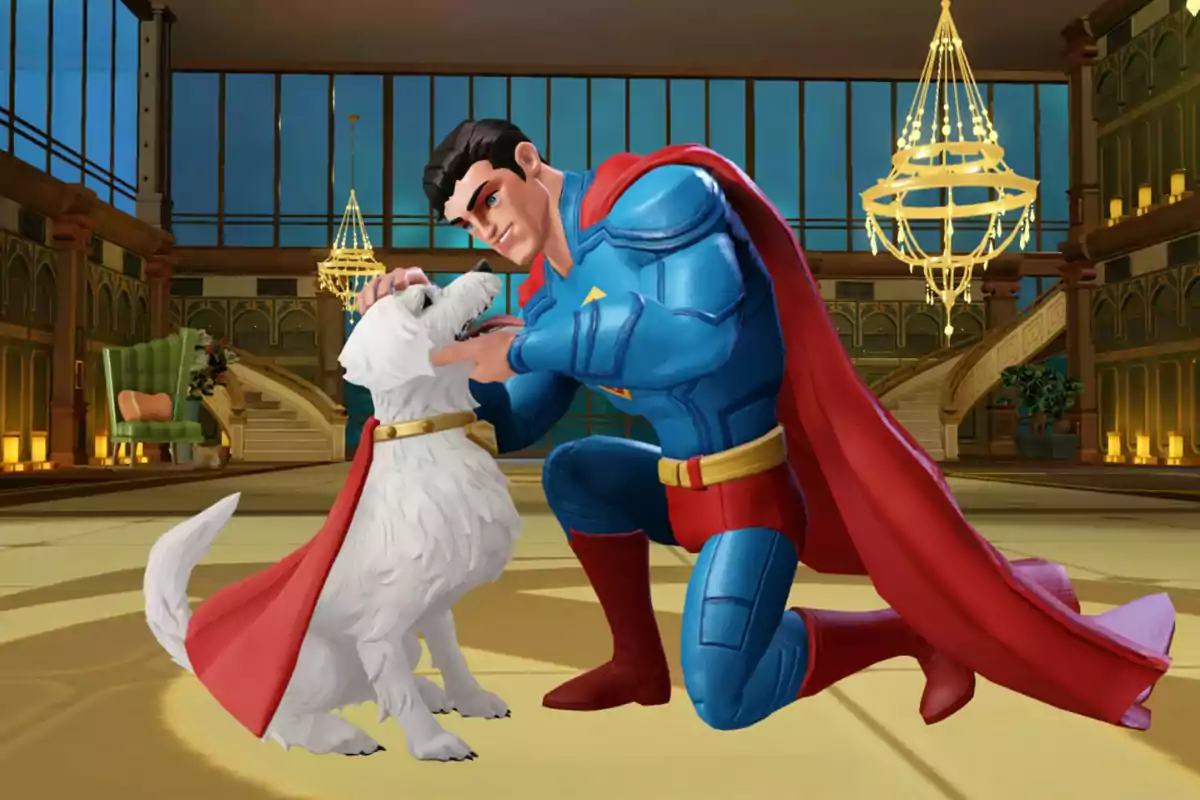 Superhéroe animado con traje azul y capa roja acariciando a un perro blanco que también lleva capa roja en una lujosa sala iluminada con candelabros Superhéroe animado con traje azul y capa roja acariciando a un perro blanco que también lleva capa roja en una lujosa sala iluminada con candelabros
