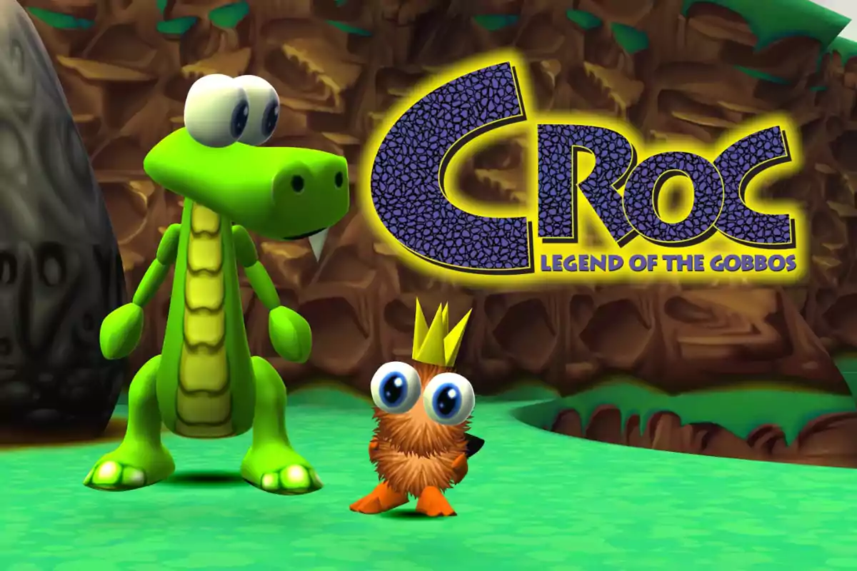 Un cocodrilo verde caricaturesco y una criatura peluda con corona están de pie sobre césped frente al logo de Croc Legend of the Gobbos