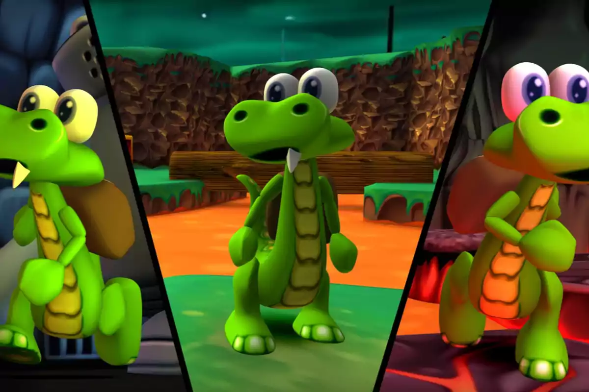 Tres versiones del personaje Croc en diferentes escenarios coloridos de un videojuego con gráficos en 3D Tres versiones del personaje Croc en diferentes escenarios coloridos de un videojuego con gráficos en 3D