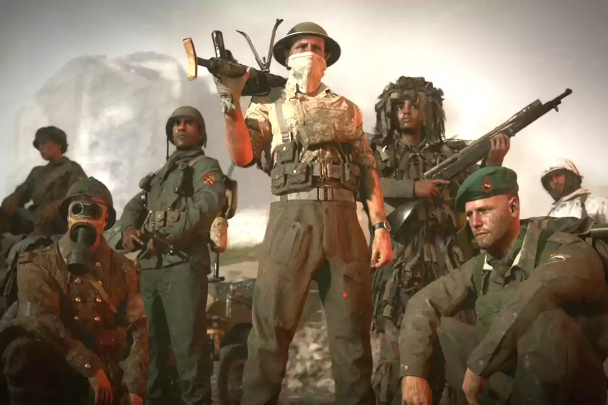 Grupo de soldados con diferentes uniformes y armas posando en un ambiente de guerra con fondo de humo y rocas Grupo de soldados con diferentes uniformes y armas posando en un ambiente de guerra con fondo de humo y rocas