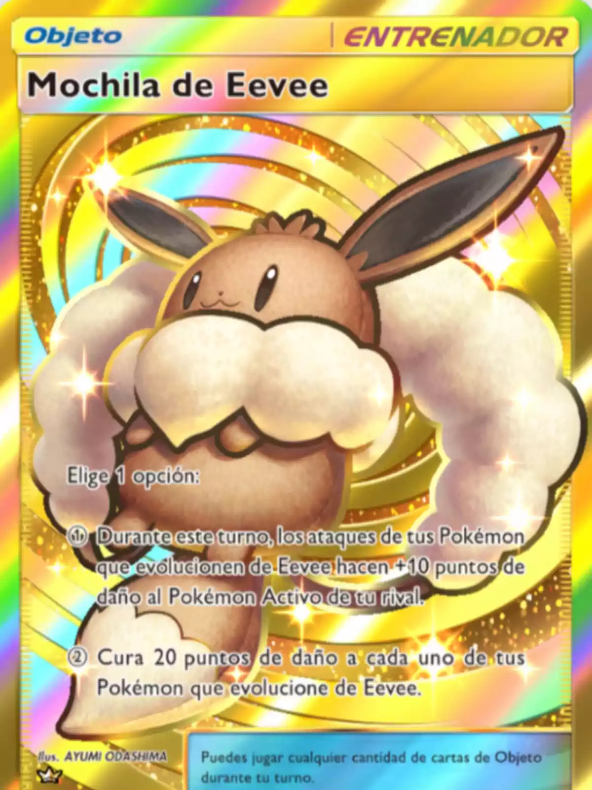 Carta de Pokémon brillante llamada Mochila de Eevee con un diseño colorido y un Eevee abrazando una nube en el centro Carta de Pokémon brillante llamada Mochila de Eevee con un diseño colorido y un Eevee abrazando una nube en el centro