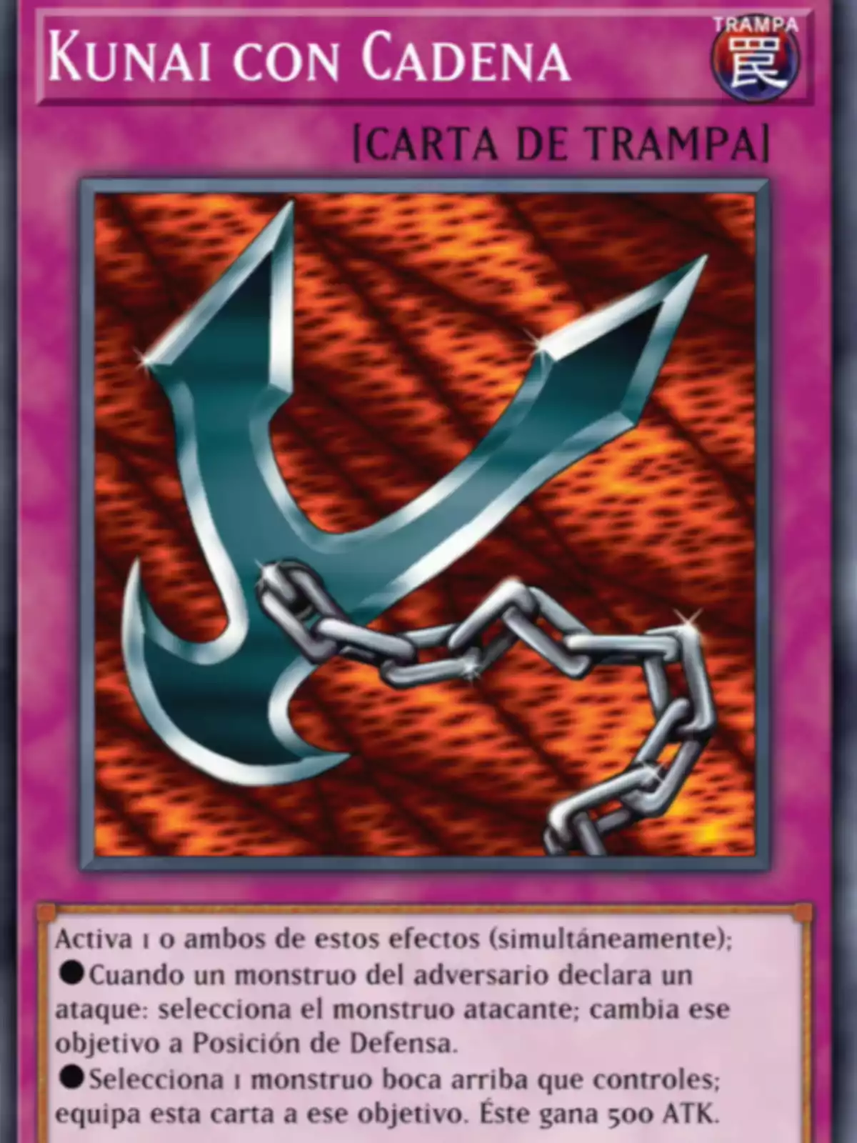 Carta de Yu-Gi-Oh de color morado llamada Kunai con Cadena con la ilustración de un kunai metálico unido a una cadena sobre un fondo naranja Carta de Yu-Gi-Oh de color morado llamada Kunai con Cadena con la ilustración de un kunai metálico unido a una cadena sobre un fondo naranja