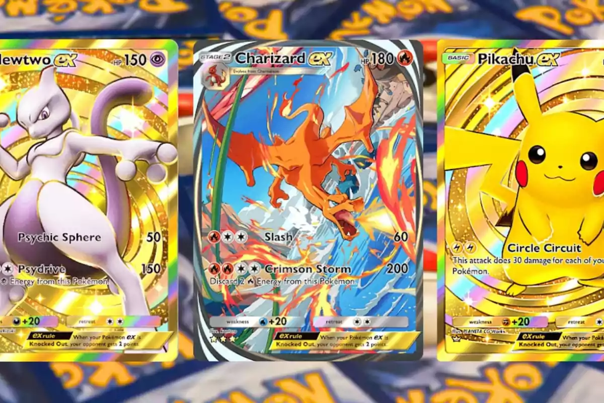 Tres cartas de Pokémon ex brillantes con ilustraciones de Mewtwo, Charizard y Pikachu sobre un fondo de cartas de Pokémon desenfocadas