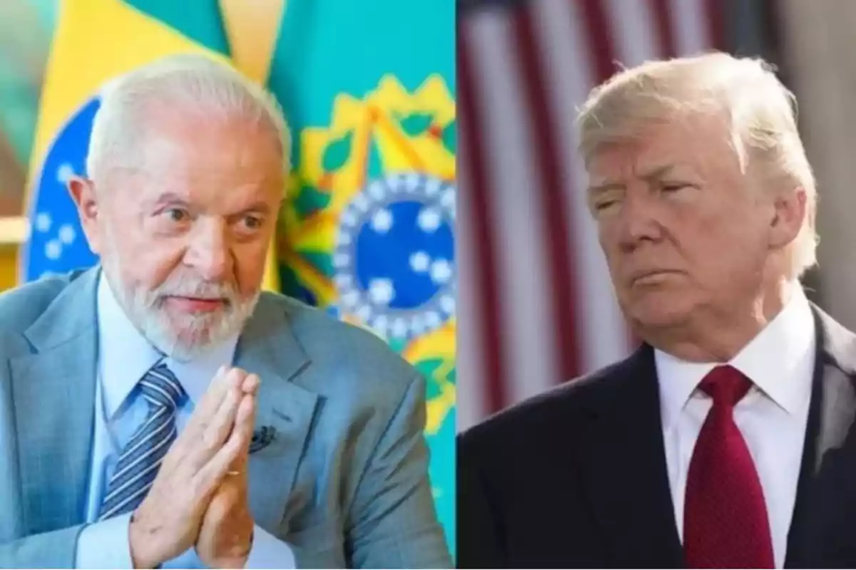 Dos hombres mayores de traje aparecen uno al lado del otro, uno con fondo de banderas de Brasil y el otro con fondo de bandera de Estados Unidos.