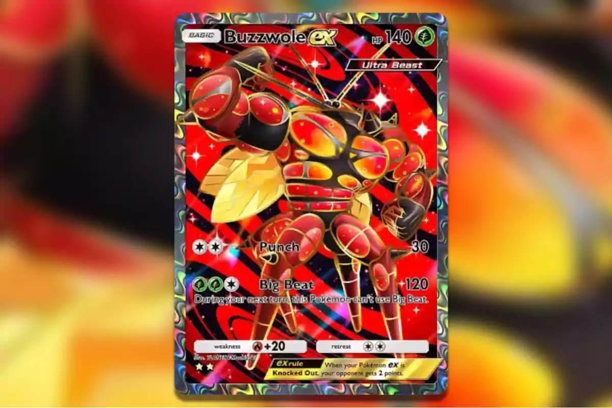 Pokémon card Buzzwole ex with a bright red background and holographic details featuring a muscular Bug- and Fighting-type Pokémon in a powerful pose Pokémon card Buzzwole ex with a bright red background and holographic details featuring a muscular Bug- and Fighting-type Pokémon in a powerful pose
