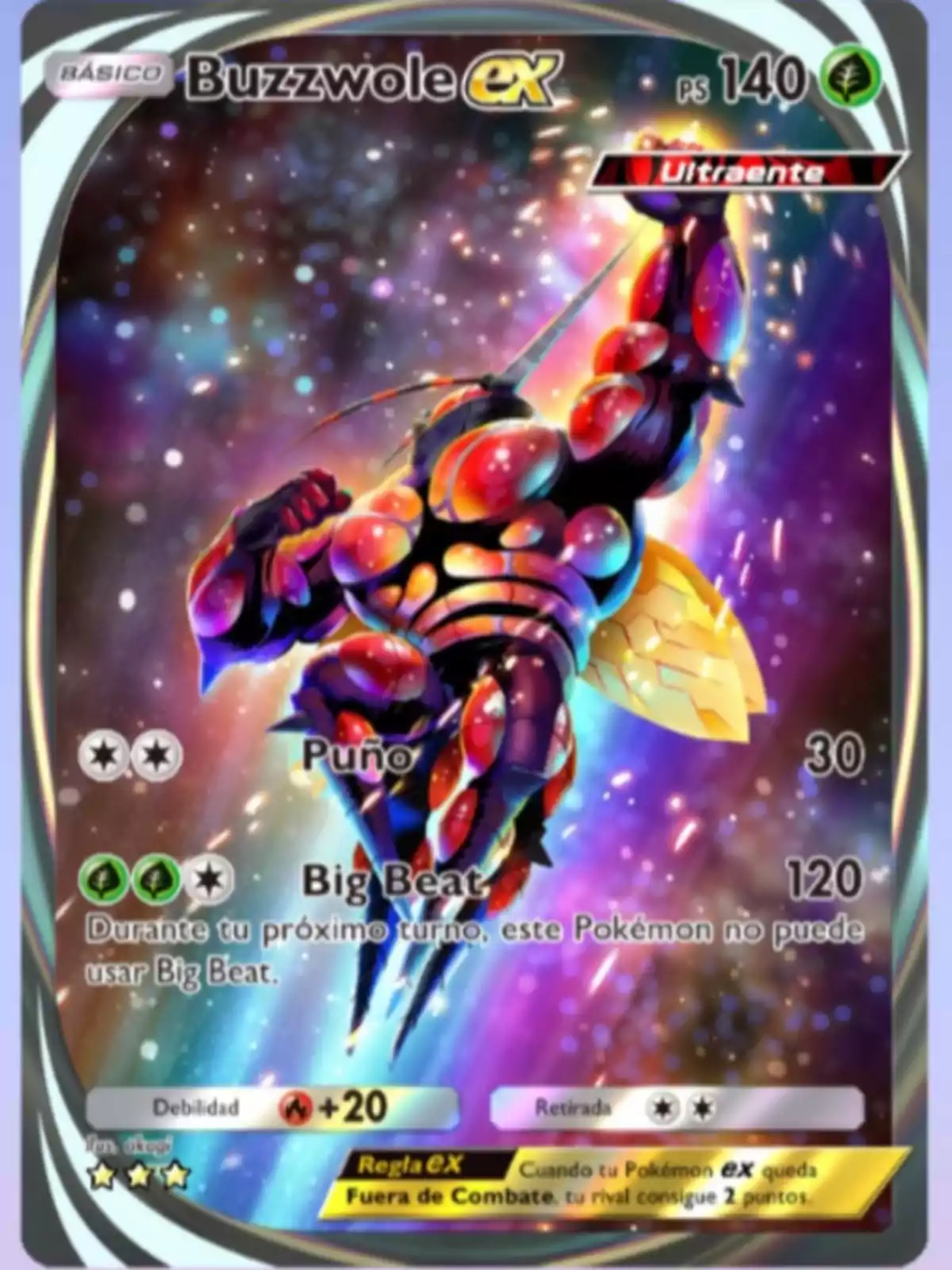 Pokémon Buzzwole EX card with a colorful background and shiny details, featuring a muscular Bug- and Fighting-type Pokémon in an attack pose Pokémon Buzzwole EX card with a colorful background and shiny details, featuring a muscular Bug- and Fighting-type Pokémon in an attack pose