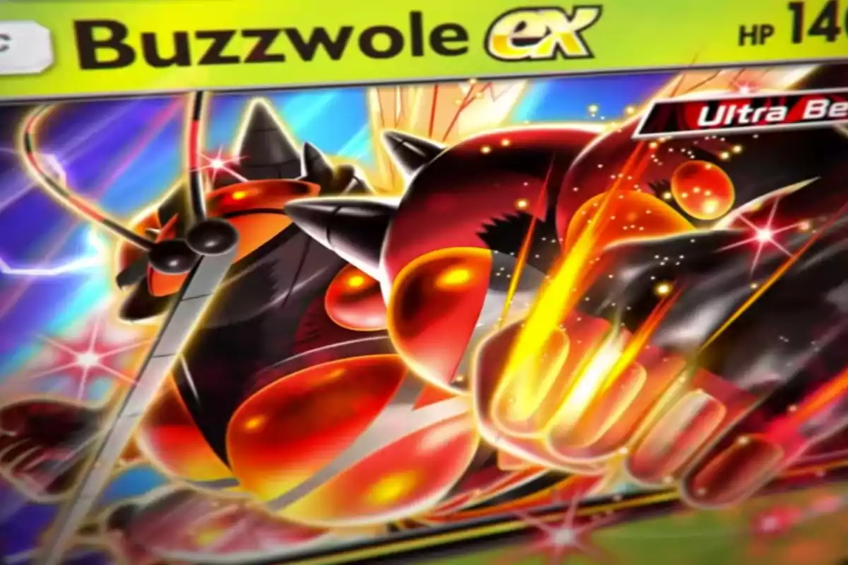 Buzzwole EX Pokémon card with a colorful and dynamic design featuring the character in an attack pose