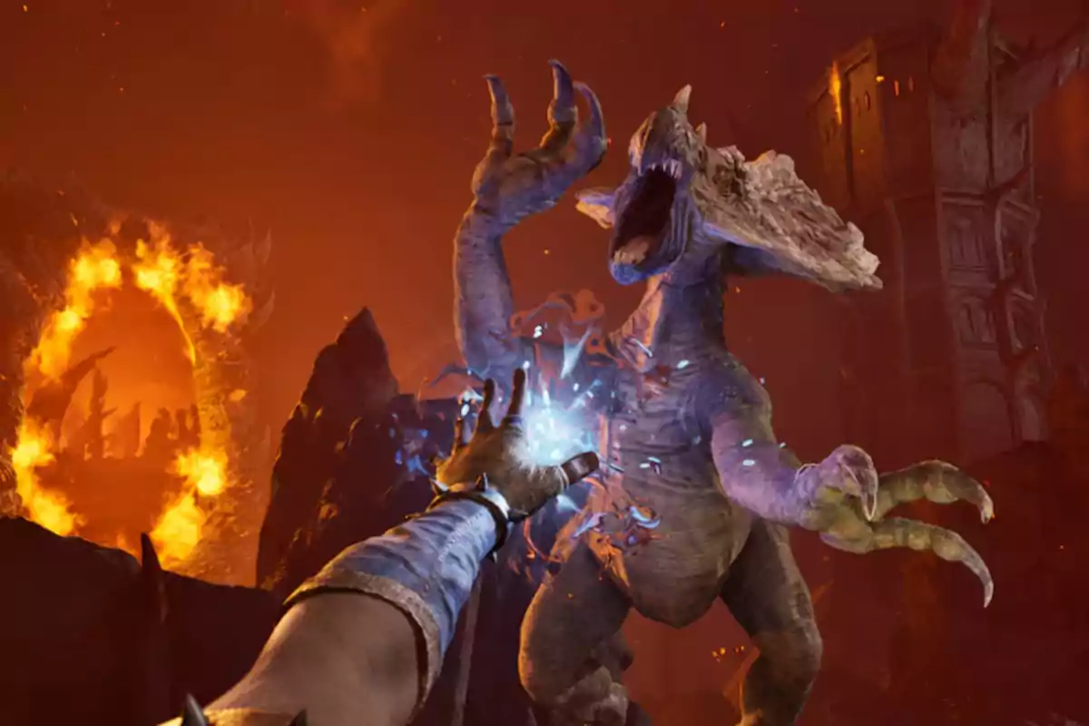 A wizard casts a blue spell at a giant monster in a fantasy setting with fire and a tower in the background. A wizard casts a blue spell at a giant monster in a fantasy setting with fire and a tower in the background.