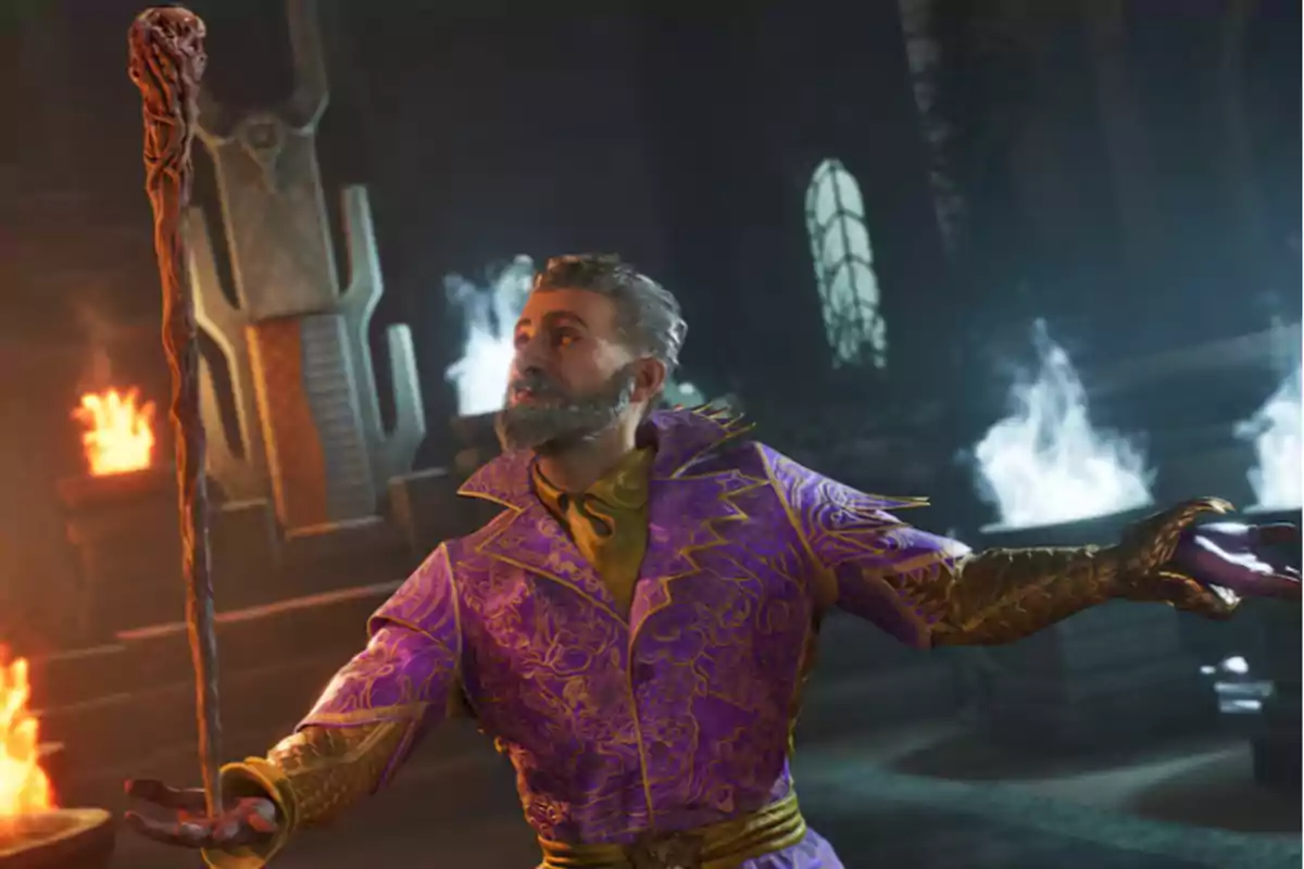 Gray-bearded man with bright eyes dressed in a purple suit decorated with golden details, holding a staff with a figure on the tip in a dark room with fire and smoke in the background Gray-bearded man with bright eyes dressed in a purple suit decorated with golden details, holding a staff with a figure on the tip in a dark room with fire and smoke in the background