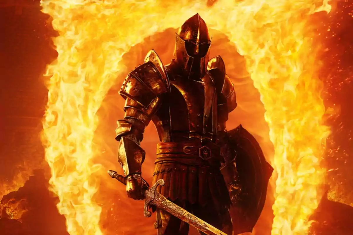 Medieval warrior in full armor standing in front of a portal of fire holding a sword and a shield