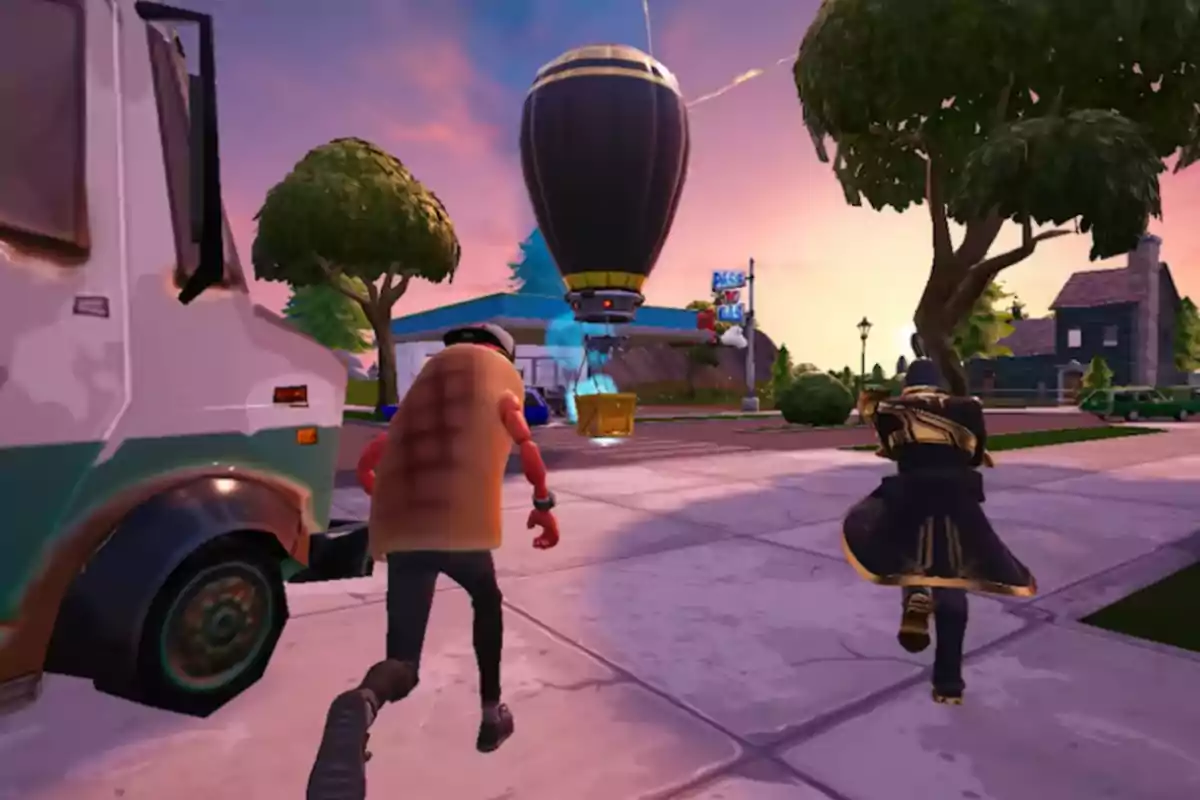 Two characters run toward a supply drop falling from the sky on a street in a video game at sunset. Two characters run toward a supply drop falling from the sky on a street in a video game at sunset.