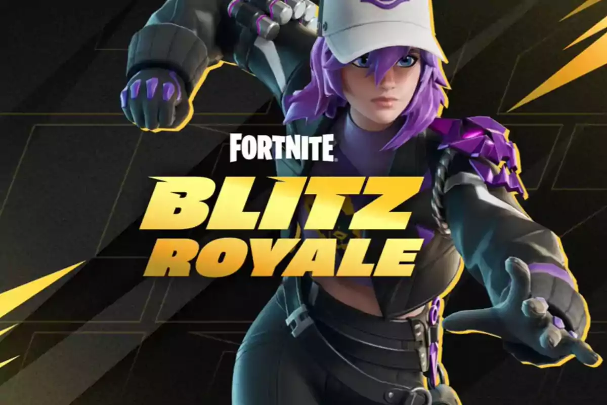 Female Fortnite character with purple hair and a white cap in a dynamic pose with the text Blitz Royale in large yellow letters on a dark background