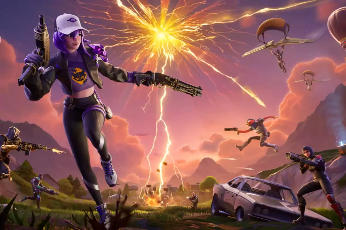 Armed video game characters in an intense battle with explosions and paratroopers in a sunset landscape Armed video game characters in an intense battle with explosions and paratroopers in a sunset landscape