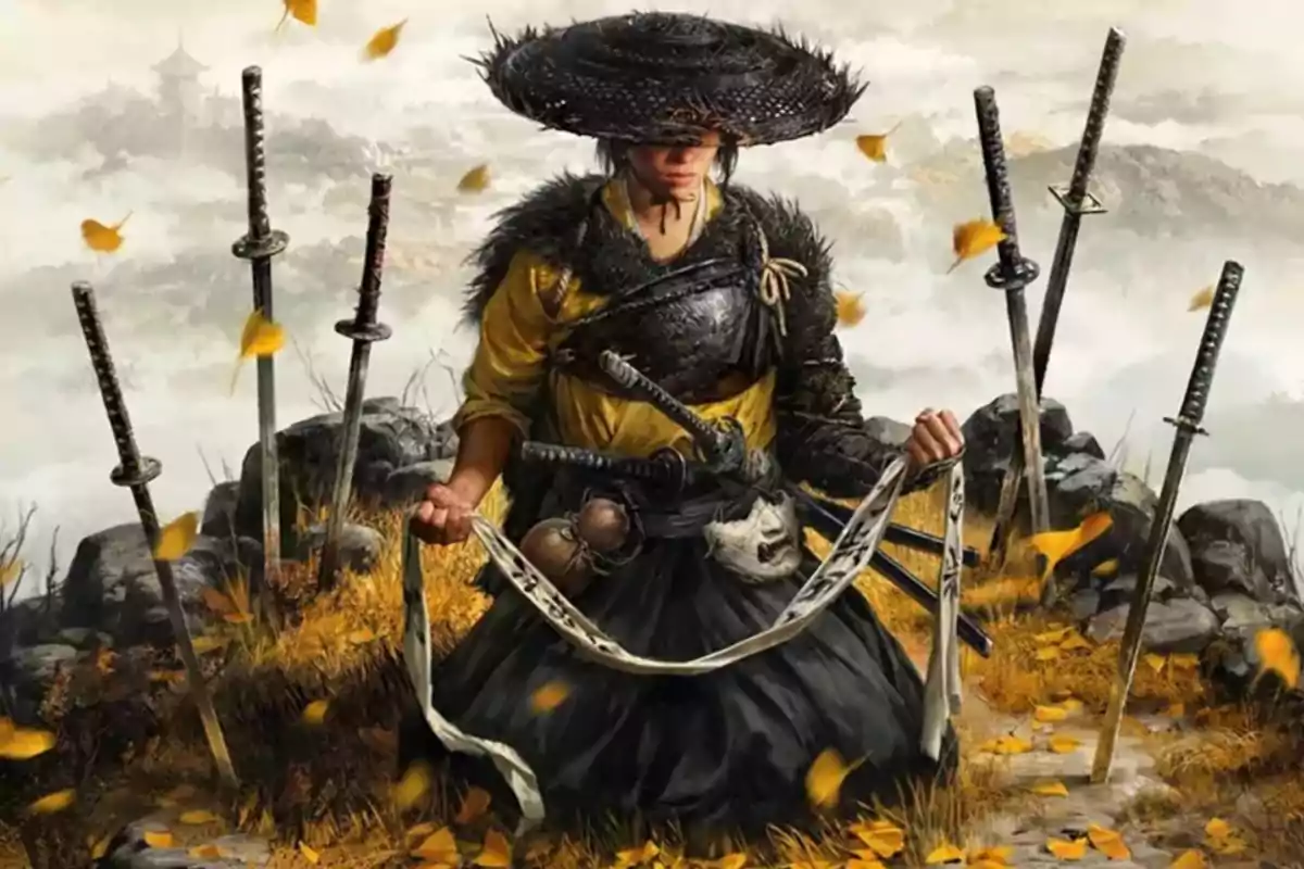 Guerrero samurái arrodillado en un paisaje otoñal rodeado de katanas clavadas en el suelo mientras sostiene una banda de tela y lleva un sombrero tradicional japonés Guerrero samurái arrodillado en un paisaje otoñal rodeado de katanas clavadas en el suelo mientras sostiene una banda de tela y lleva un sombrero tradicional japonés