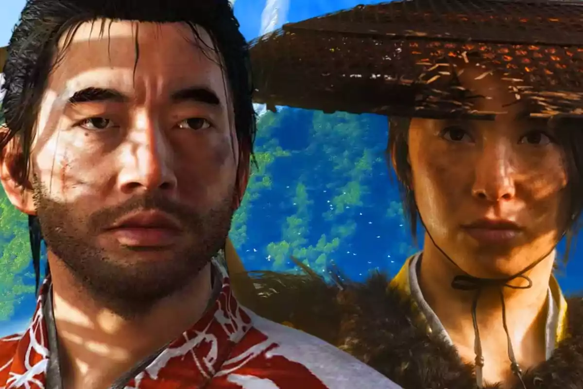 Dos personajes de videojuego con expresiones serias y fondo de paisaje natural Dos personajes de videojuego con expresiones serias y fondo de paisaje natural