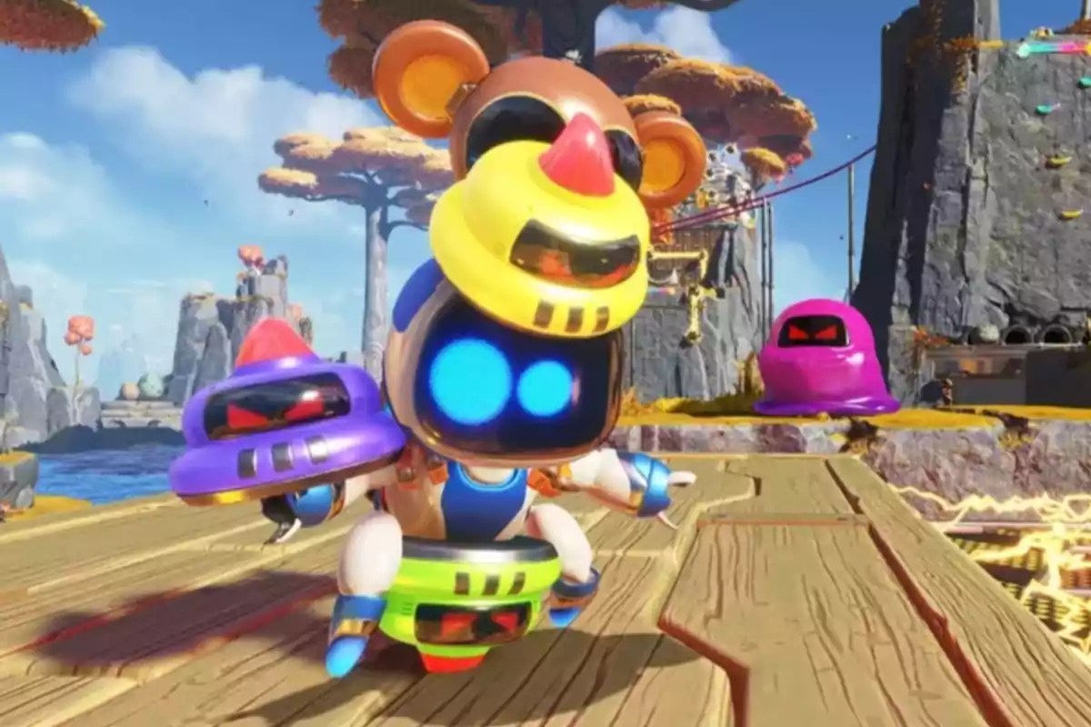 Un robot con casco amarillo y máscara de oso camina sobre una plataforma de madera en un entorno colorido con árboles y montañas mientras una criatura morada lo observa al fondo Un robot con casco amarillo y máscara de oso camina sobre una plataforma de madera en un entorno colorido con árboles y montañas mientras una criatura morada lo observa al fondo
