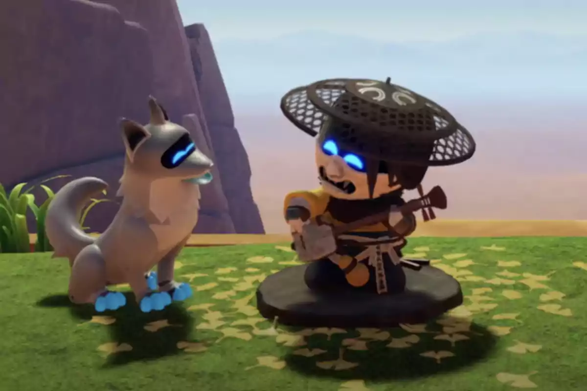 Un lobo animado con ojos y patas azules se encuentra junto a un personaje pequeño con sombrero y ojos brillantes en un entorno al aire libre